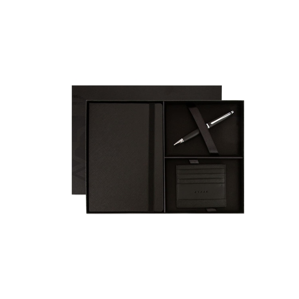  CROSS HARDCOVER A5 NOTEBOOK + PEN + LEATHER CARD HOLDER  - BLACK