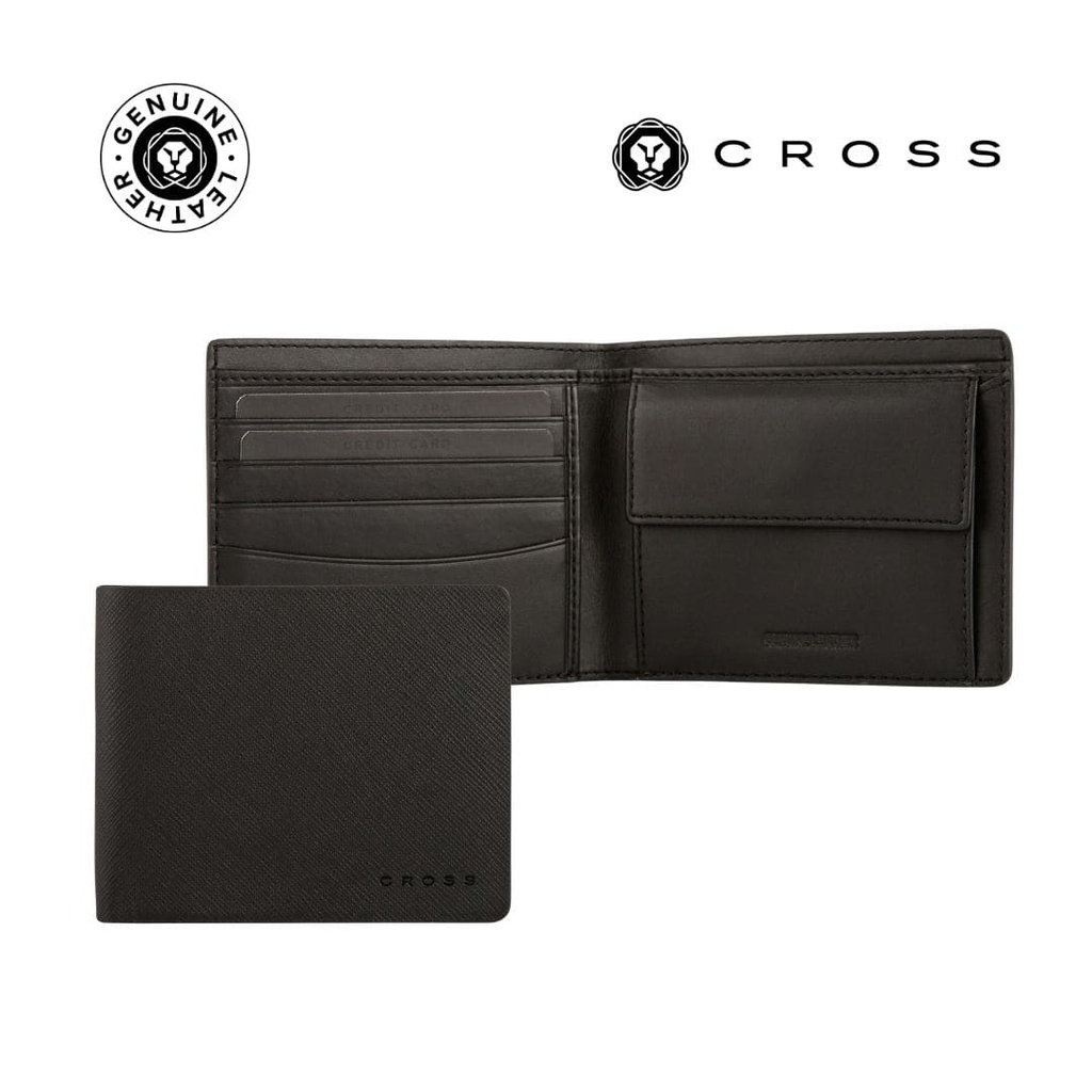 CROSS Saffiano Leather 4CC Bifold Wallet with Coin Pocket - Black