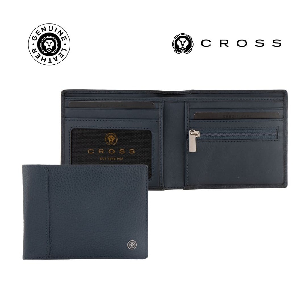 CROSS Pebble Leather 6CC Classic Fold Wallet with 6CC Cardholder - Navy Blue
