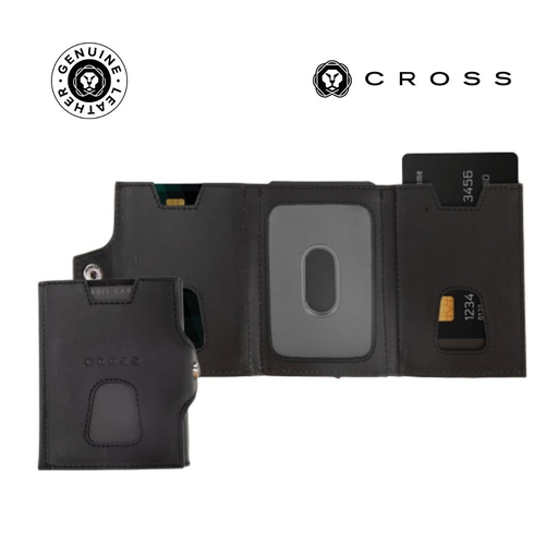 [LACR 2029] CROSS Soft Grain Leather 6CC Trifold Compact Wallet - Black